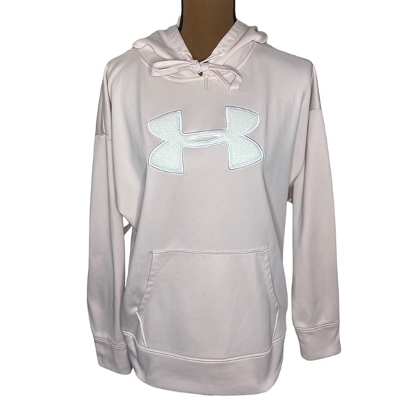 Under Armour loose fit fleece lined hoodie with plush logo pale pink and white L - Picture 2 of 16